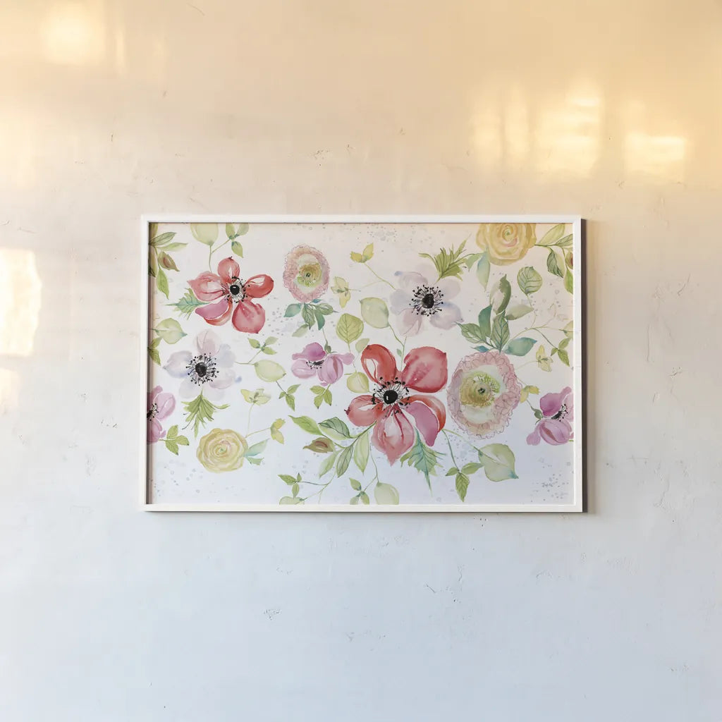 Spray of Anemones I by Kristy Rice. shown as a paper print in a white frame. Available as a archival giclee rolled canvas, fine art paper, or poster print. SKU 54030i.