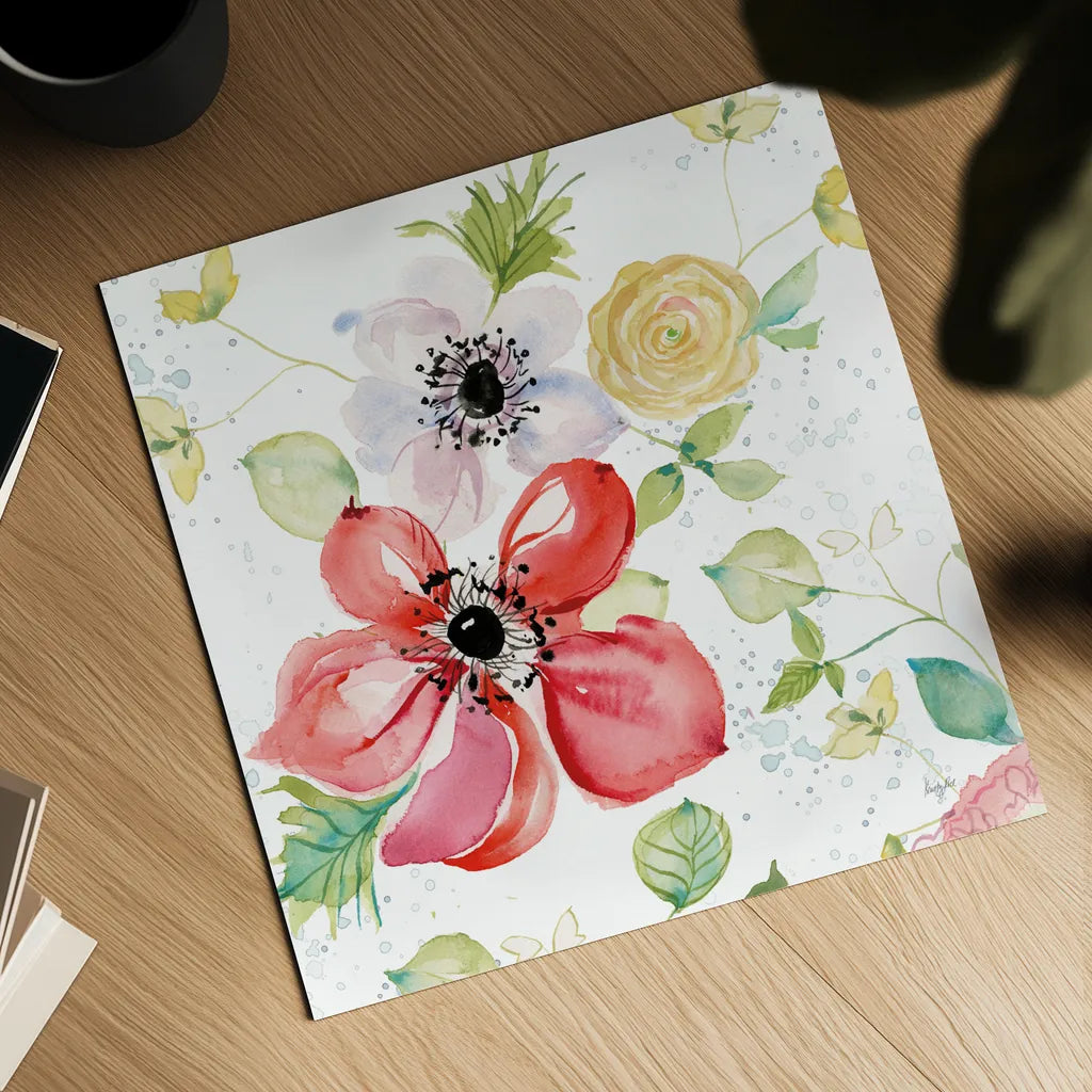 Spray of Anemones II by Kristy Rice. Shown as a detailed flat fine art print, highlighting archival giclee quality. Available as an archival giclee rolled canvas, fine art paper, or poster print. SKU 54031a.