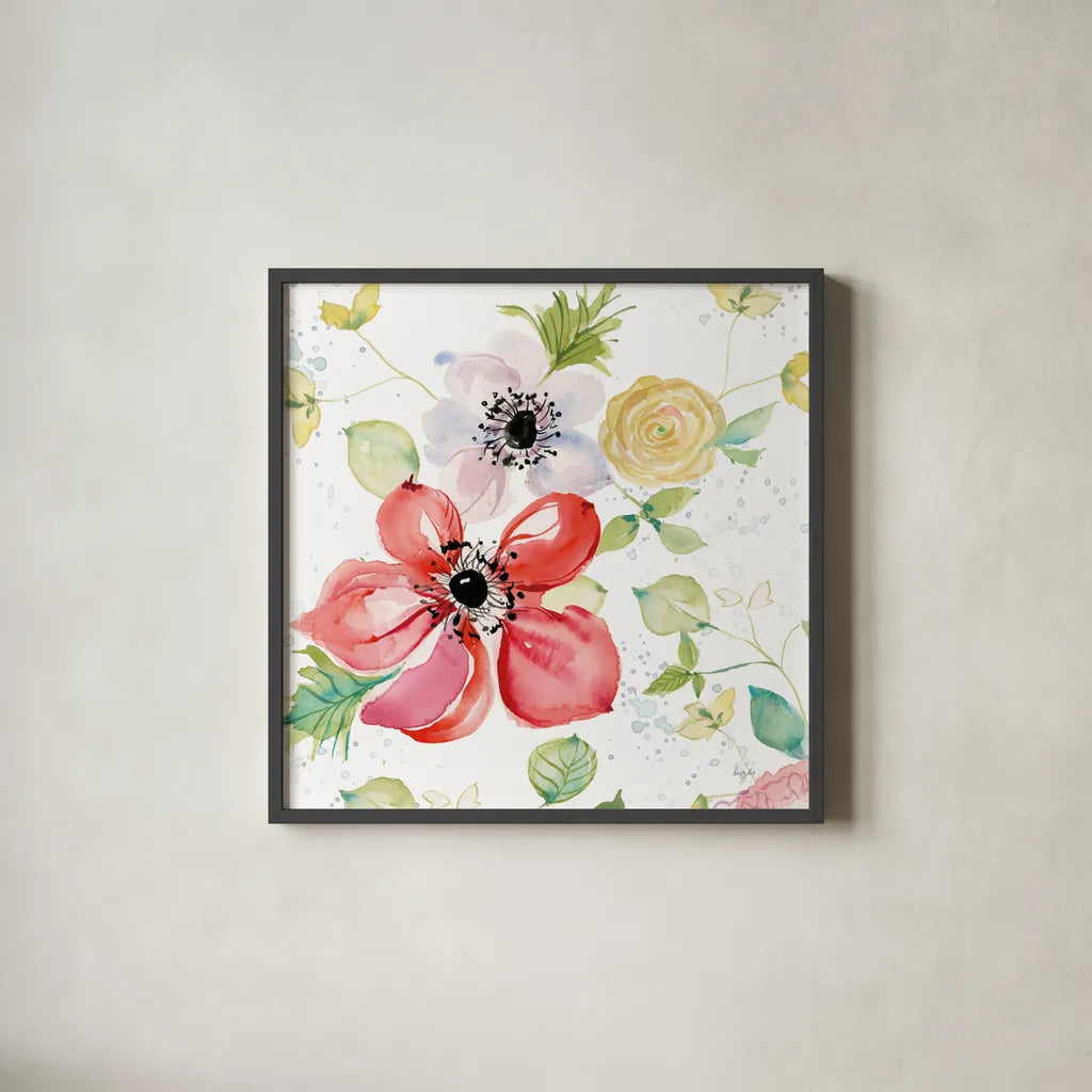 Spray of Anemones II by Kristy Rice. Shown in a sleek black glass frame for a contemporary gallery look. Available as an archival giclee rolled canvas, fine art paper, or poster print. SKU 54031a.