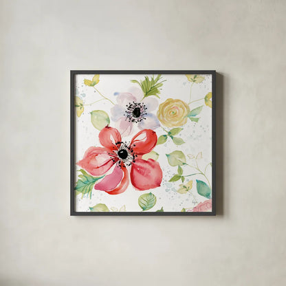 Spray of Anemones II by Kristy Rice. Shown in a sleek black glass frame for a contemporary gallery look. Available as an archival giclee rolled canvas, fine art paper, or poster print. SKU 54031a.