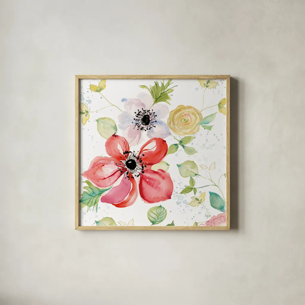 Spray of Anemones II by Kristy Rice. Shown in a natural wood glass frame for a timeless modern aesthetic. Available as an archival giclee rolled canvas, fine art paper, or poster print. SKU 54031a.