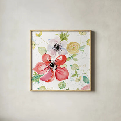 Spray of Anemones II by Kristy Rice. Shown in a natural wood glass frame for a timeless modern aesthetic. Available as an archival giclee rolled canvas, fine art paper, or poster print. SKU 54031a.