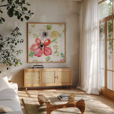 Spray of Anemones II by Kristy Rice. Shown in a natural wood frame in a cozy modern living room. Available as an archival giclee rolled canvas, fine art paper, or poster print. SKU 54031a.