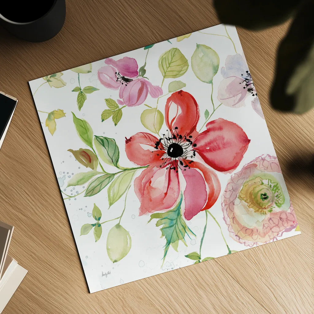Spray of Anemones III by Kristy Rice. Shown as a detailed flat fine art print, highlighting archival giclee quality. Available as an archival giclee rolled canvas, fine art paper, or poster print. SKU 54032a.