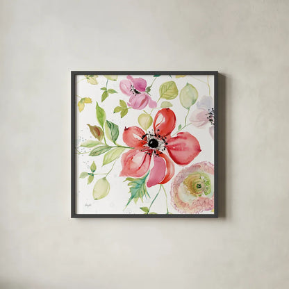 Spray of Anemones III by Kristy Rice. Shown in a sleek black glass frame for a contemporary gallery look. Available as an archival giclee rolled canvas, fine art paper, or poster print. SKU 54032a.