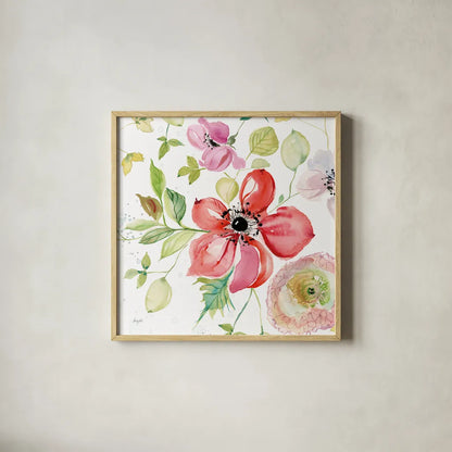 Spray of Anemones III by Kristy Rice. Shown in a natural wood glass frame for a timeless modern aesthetic. Available as an archival giclee rolled canvas, fine art paper, or poster print. SKU 54032a.