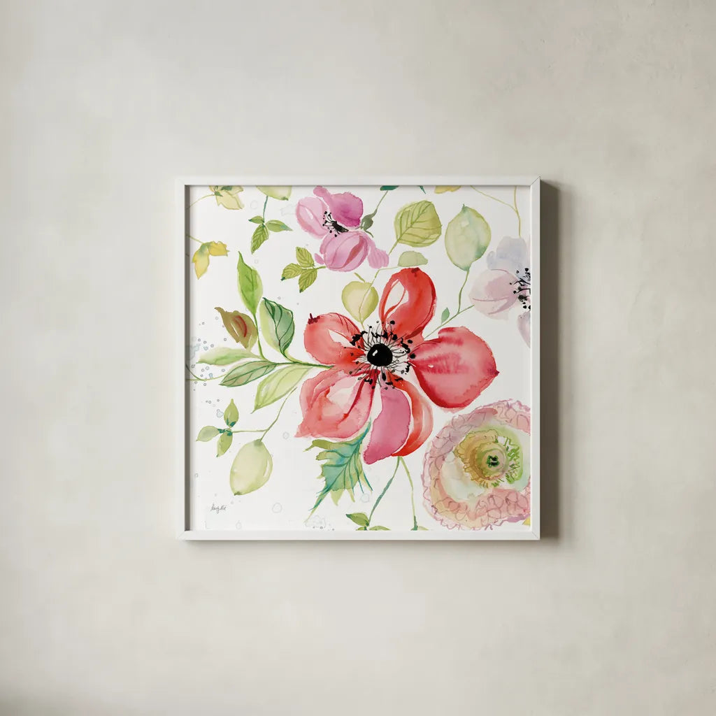 Spray of Anemones III by Kristy Rice. Shown in a crisp white glass frame for a clean and minimalist style. Available as an archival giclee rolled canvas, fine art paper, or poster print. SKU 54032a.