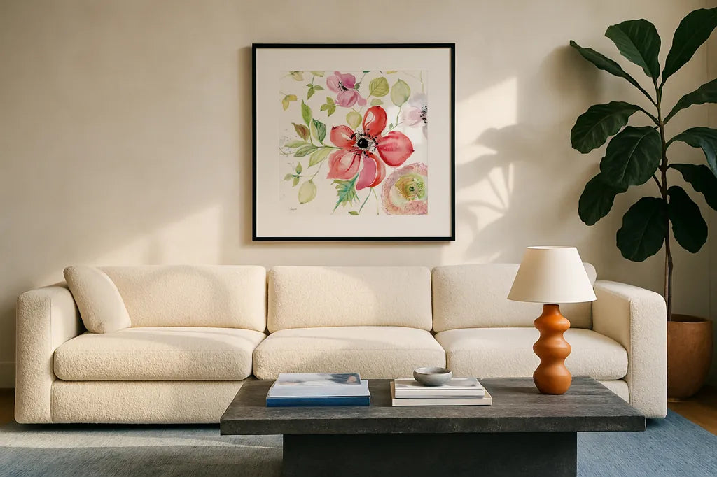 Spray of Anemones III by Kristy Rice. Displayed in a glass frame with matte in a clean modern living room. Available as an archival giclee rolled canvas, fine art paper, or poster print. SKU 54032a.