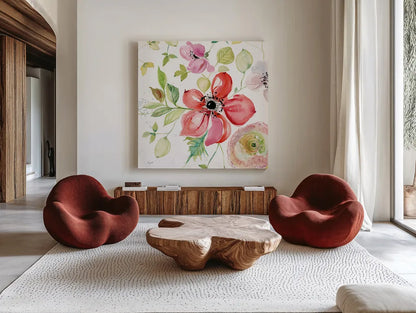 Spray of Anemones III by Kristy Rice. Shown as extra-large giant wall art in a modern living room. Available as an archival giclee rolled canvas, fine art paper, or poster print. SKU 54032a.