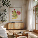 Succulent Desert II by Kristy Rice. Shown in a natural wood frame in a cozy modern living room. Available as an archival giclee rolled canvas, fine art paper, or poster print. SKU 59785a.
