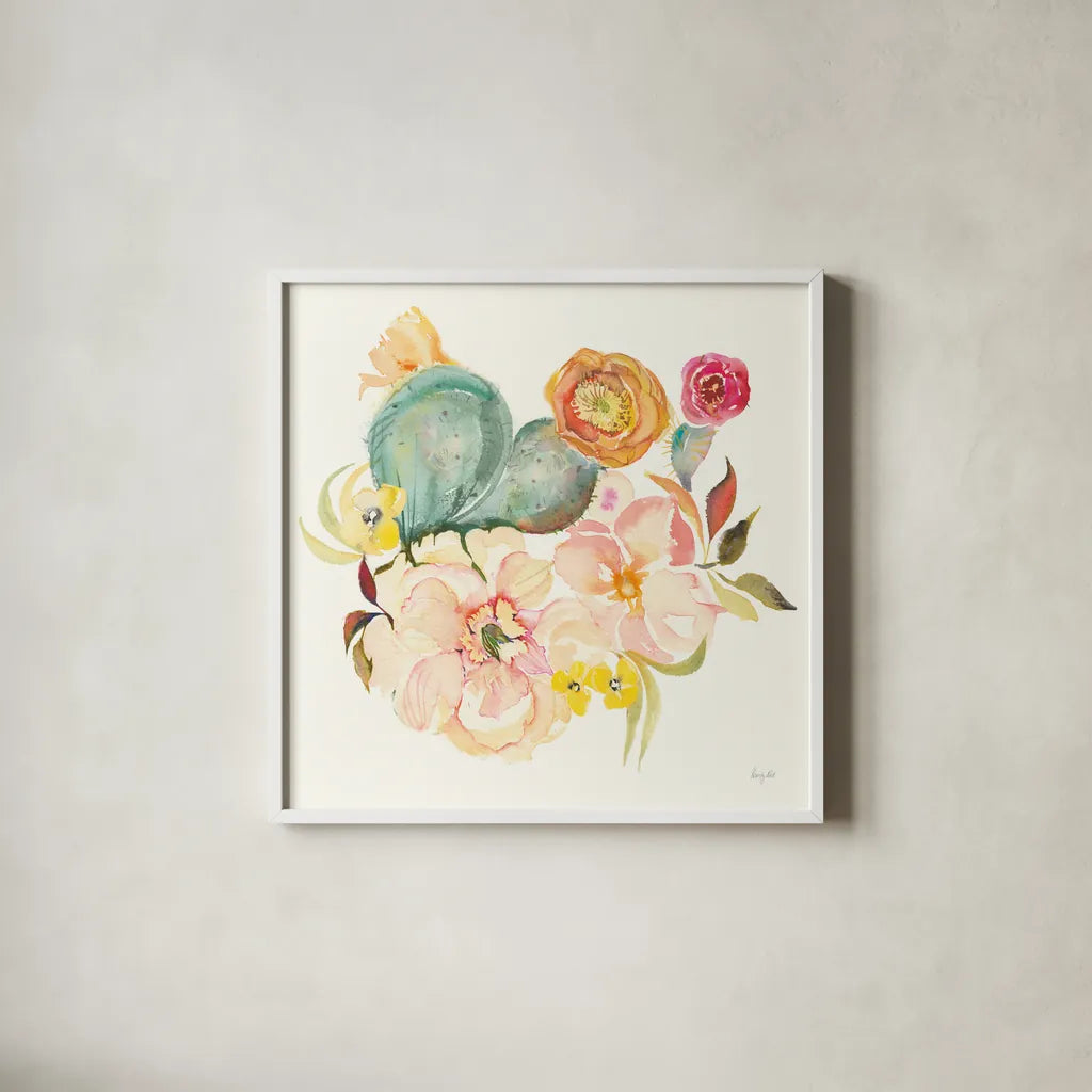Succulent Desert IV by Kristy Rice. Shown in a crisp white glass frame for a clean and minimalist style. Available as an archival giclee rolled canvas, fine art paper, or poster print. SKU 59787a.
