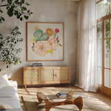 Succulent Desert IV by Kristy Rice. Shown in a natural wood frame in a cozy modern living room. Available as an archival giclee rolled canvas, fine art paper, or poster print. SKU 59787a.