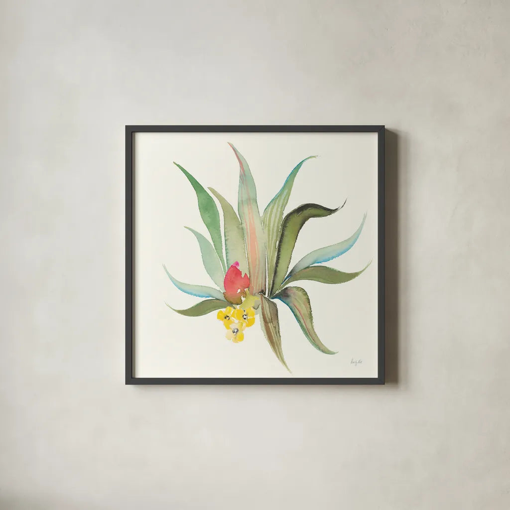 Succulent Desert V by Kristy Rice. Shown in a sleek black glass frame for a contemporary gallery look. Available as an archival giclee rolled canvas, fine art paper, or poster print. SKU 59788a.