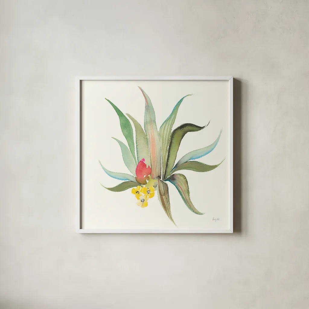 Succulent Desert V by Kristy Rice. Shown in a crisp white glass frame for a clean and minimalist style. Available as an archival giclee rolled canvas, fine art paper, or poster print. SKU 59788a.