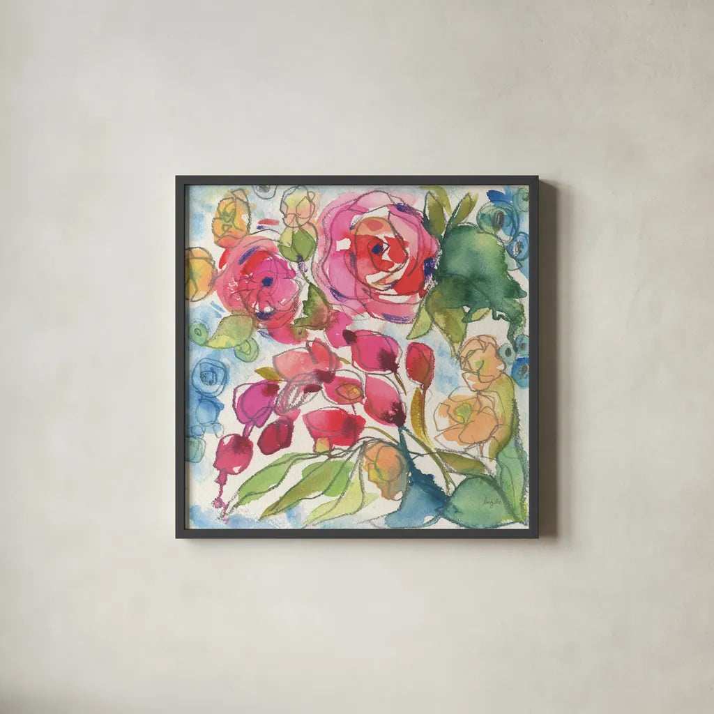 Summer Impressions by Kristy Rice. Shown in a sleek black glass frame for a contemporary gallery look. Available as an archival giclee rolled canvas, fine art paper, or poster print. SKU 100918a.
