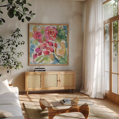 Summer Impressions by Kristy Rice. Shown in a natural wood frame in a cozy modern living room. Available as an archival giclee rolled canvas, fine art paper, or poster print. SKU 100918a.