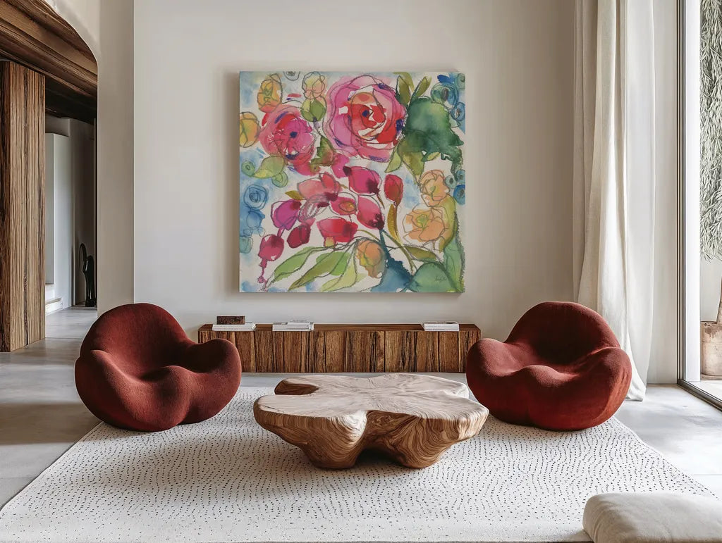 Summer Impressions by Kristy Rice. Shown as extra-large giant wall art in a modern living room. Available as an archival giclee rolled canvas, fine art paper, or poster print. SKU 100918a.