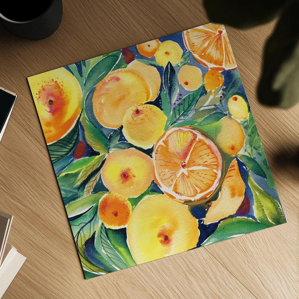 Summery Citrus by Kristy Rice. Shown as a detailed flat fine art print, highlighting archival giclee quality. Available as an archival giclee rolled canvas, fine art paper, or poster print. SKU 88428a.