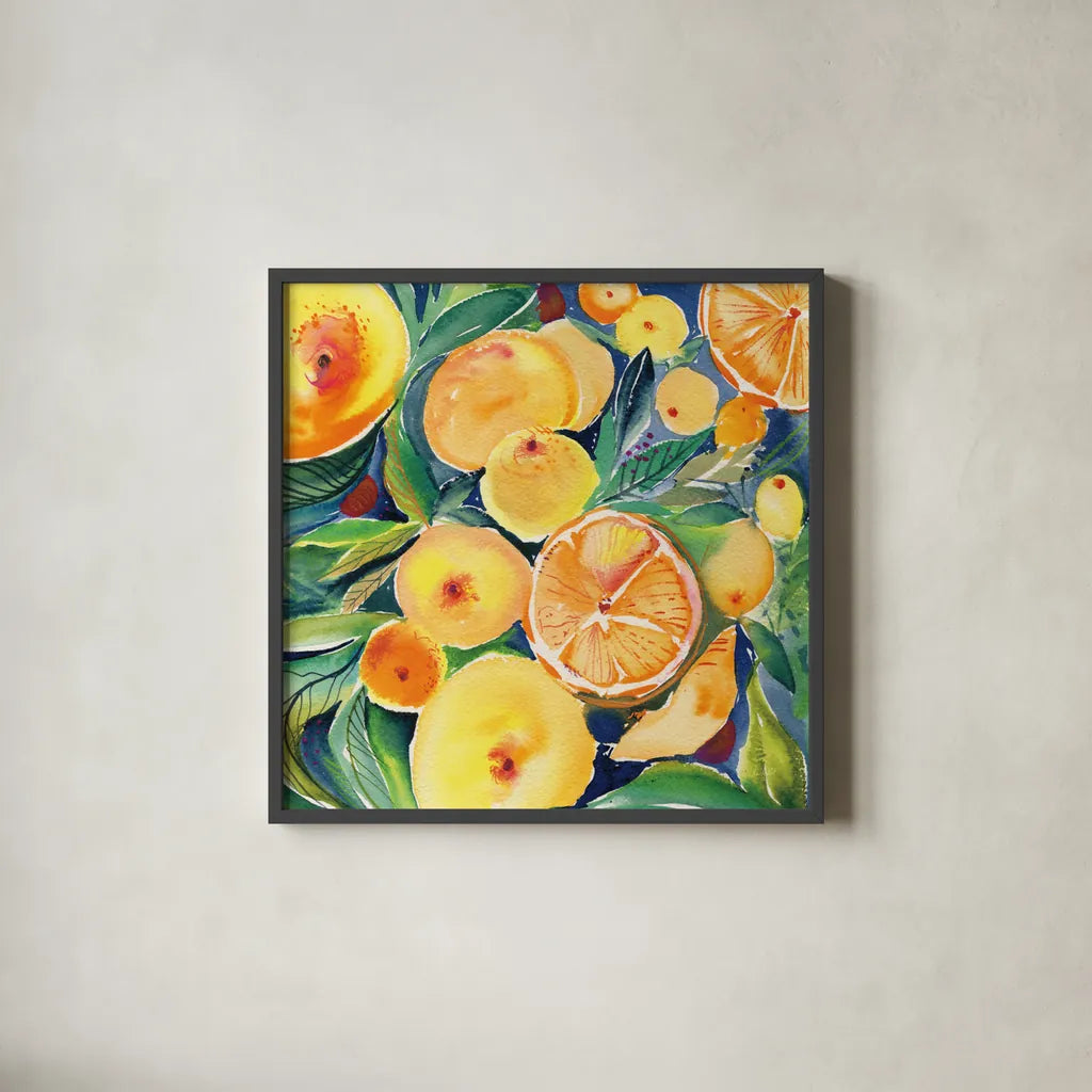 Summery Citrus by Kristy Rice. Shown in a sleek black glass frame for a contemporary gallery look. Available as an archival giclee rolled canvas, fine art paper, or poster print. SKU 88428a.