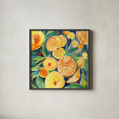 Summery Citrus by Kristy Rice. Shown in a sleek black glass frame for a contemporary gallery look. Available as an archival giclee rolled canvas, fine art paper, or poster print. SKU 88428a.
