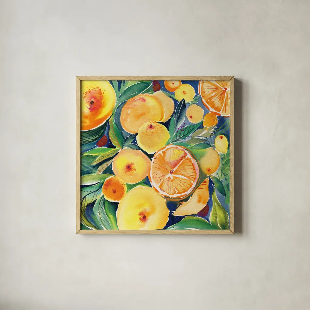 Summery Citrus by Kristy Rice. Shown in a natural wood glass frame for a timeless modern aesthetic. Available as an archival giclee rolled canvas, fine art paper, or poster print. SKU 88428a.