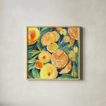 Summery Citrus by Kristy Rice. Shown in a natural wood glass frame for a timeless modern aesthetic. Available as an archival giclee rolled canvas, fine art paper, or poster print. SKU 88428a.