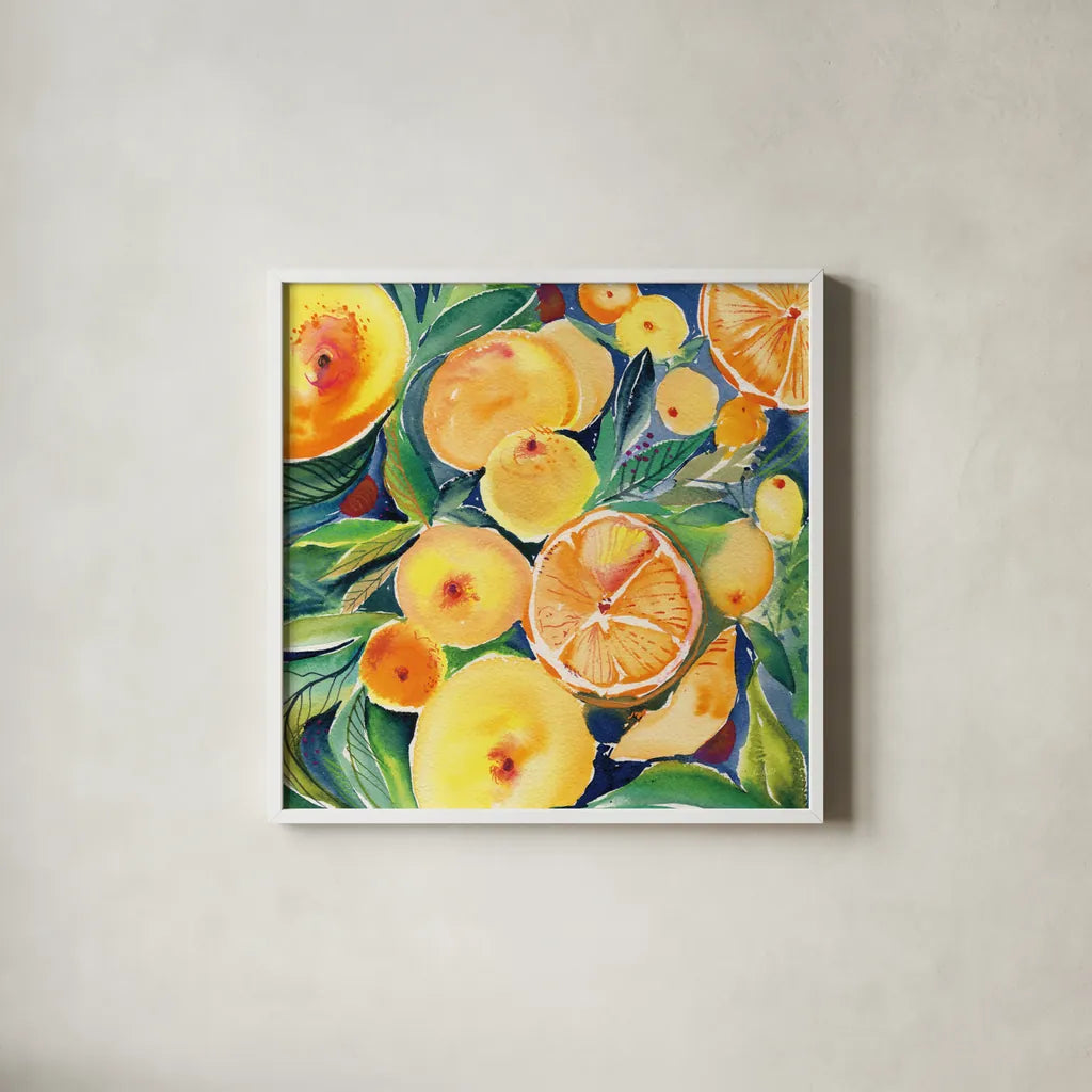 Summery Citrus by Kristy Rice. Shown in a crisp white glass frame for a clean and minimalist style. Available as an archival giclee rolled canvas, fine art paper, or poster print. SKU 88428a.