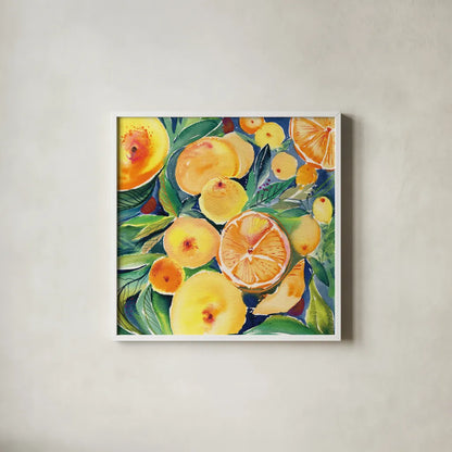Summery Citrus by Kristy Rice. Shown in a crisp white glass frame for a clean and minimalist style. Available as an archival giclee rolled canvas, fine art paper, or poster print. SKU 88428a.