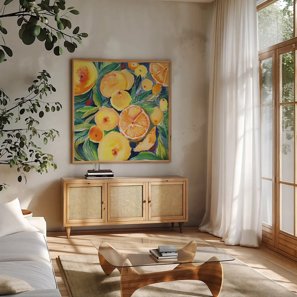 Summery Citrus by Kristy Rice. Shown in a natural wood frame in a cozy modern living room. Available as an archival giclee rolled canvas, fine art paper, or poster print. SKU 88428a.