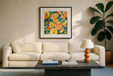 Summery Citrus by Kristy Rice. Displayed in a glass frame with matte in a clean modern living room. Available as an archival giclee rolled canvas, fine art paper, or poster print. SKU 88428a.