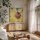 Sunny I by Kristy Rice. Shown in a natural wood frame in a cozy modern living room. Available as an archival giclee rolled canvas, fine art paper, or poster print. SKU 88605a.