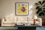 Sunny I by Kristy Rice. Displayed in a glass frame with matte in a clean modern living room. Available as an archival giclee rolled canvas, fine art paper, or poster print. SKU 88605a.