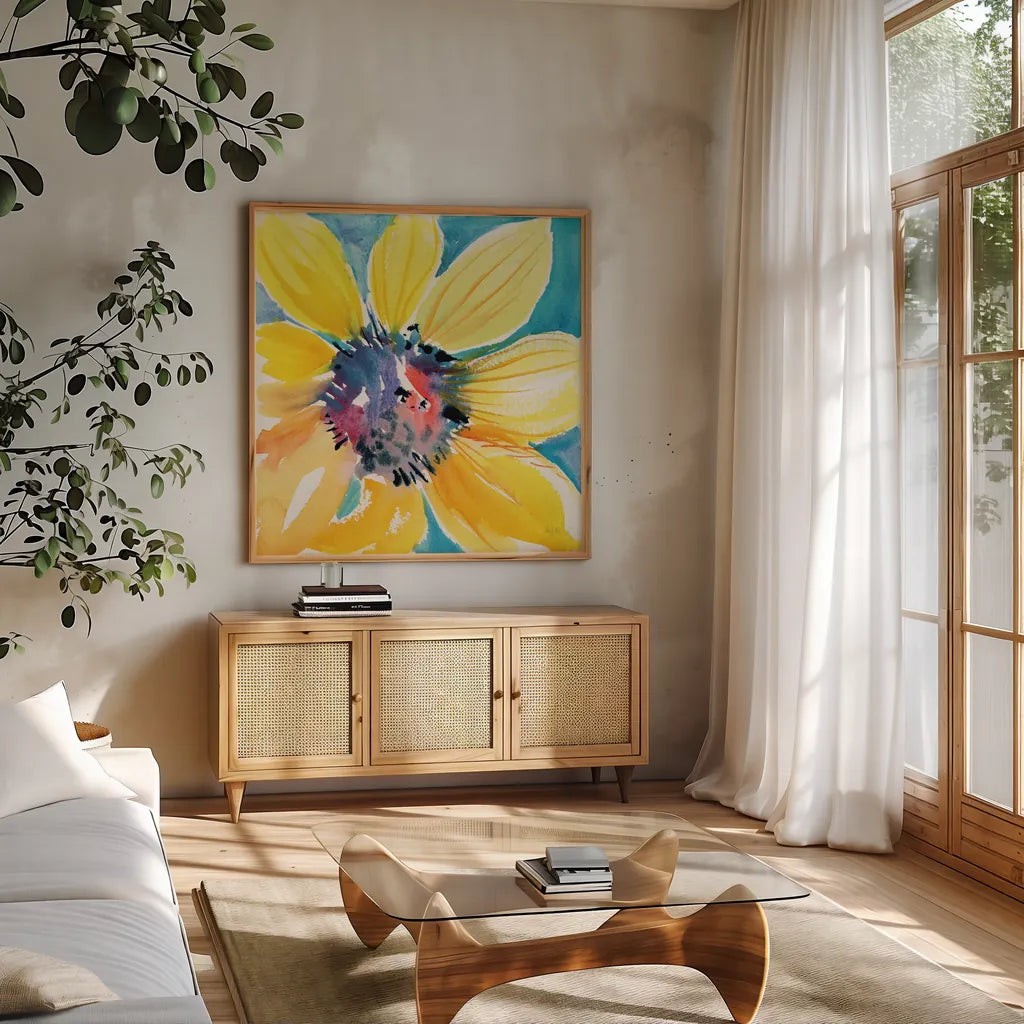 Sunny II by Kristy Rice. Shown in a natural wood frame in a cozy modern living room. Available as an archival giclee rolled canvas, fine art paper, or poster print. SKU 88606a.