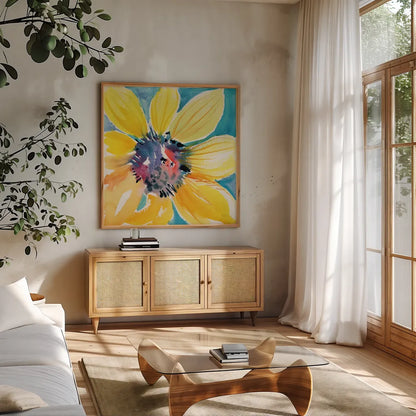 Sunny II by Kristy Rice. Shown in a natural wood frame in a cozy modern living room. Available as an archival giclee rolled canvas, fine art paper, or poster print. SKU 88606a.