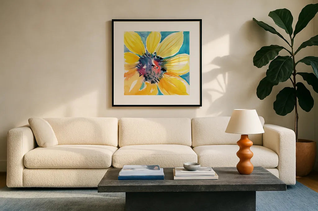 Sunny II by Kristy Rice. Displayed in a glass frame with matte in a clean modern living room. Available as an archival giclee rolled canvas, fine art paper, or poster print. SKU 88606a.