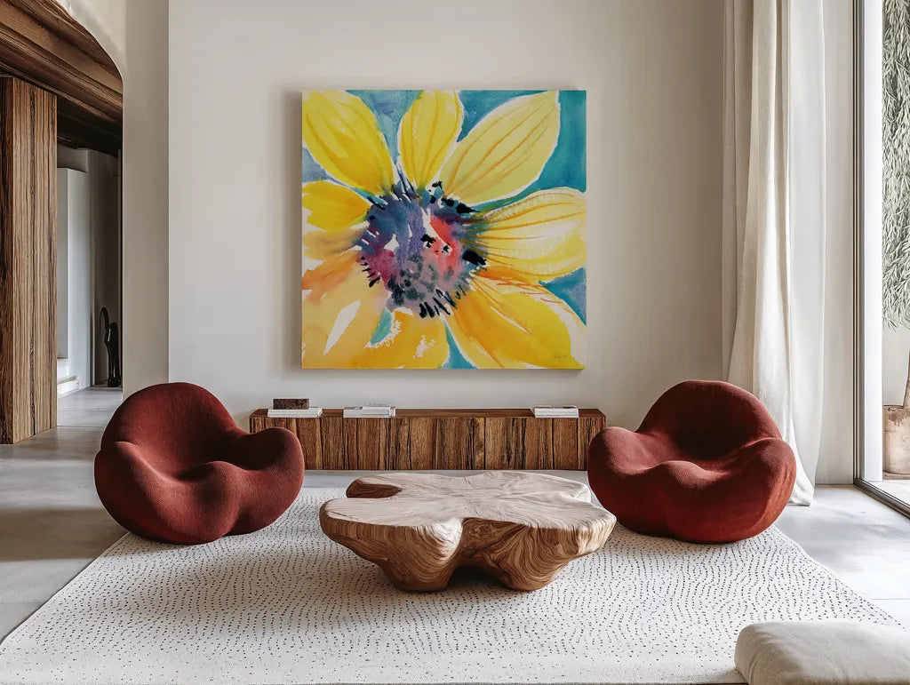Sunny II by Kristy Rice. Shown as extra-large giant wall art in a modern living room. Available as an archival giclee rolled canvas, fine art paper, or poster print. SKU 88606a.