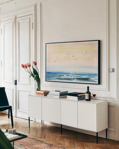 Sunset Shore by Kristy Rice. shown as a framed stretched canvas in a living room above a console. Available as a archival giclee rolled canvas, fine art paper, or poster print. SKU 88609i.
