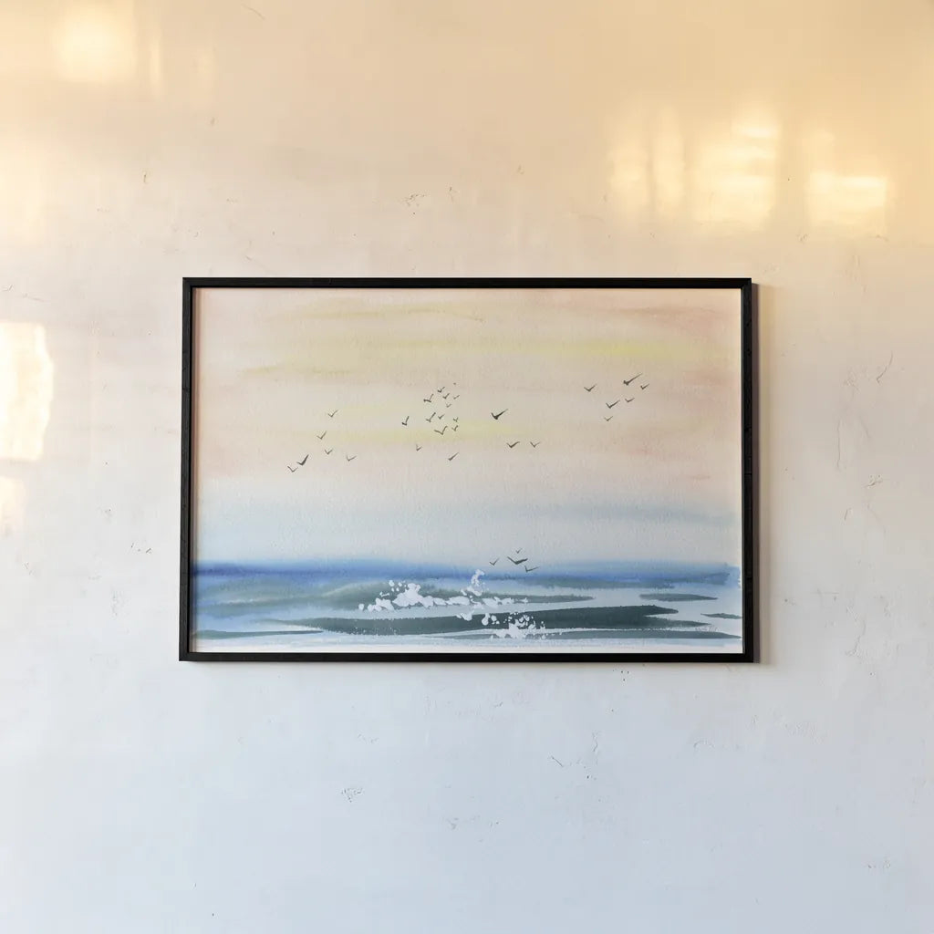 Sunset Shore by Kristy Rice. shown as a paper print in a black flame. Available as a archival giclee rolled canvas, fine art paper, or poster print. SKU 88609i.