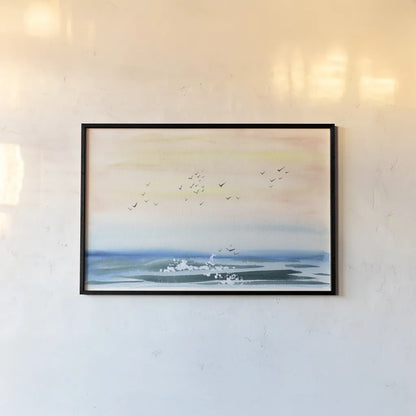 Sunset Shore by Kristy Rice. shown as a paper print in a black flame. Available as a archival giclee rolled canvas, fine art paper, or poster print. SKU 88609i.