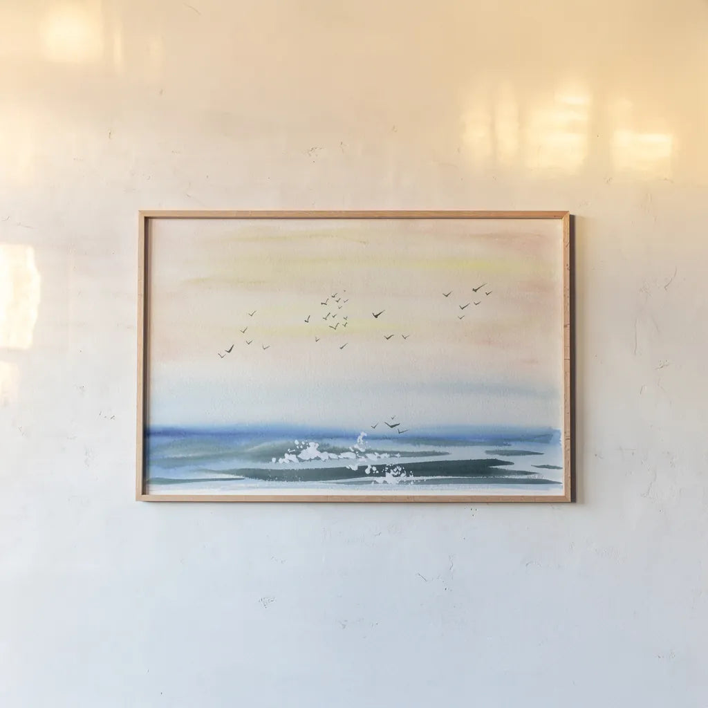 Sunset Shore by Kristy Rice. shown as a paper print in a natural frame. Available as a archival giclee rolled canvas, fine art paper, or poster print. SKU 88609i.
