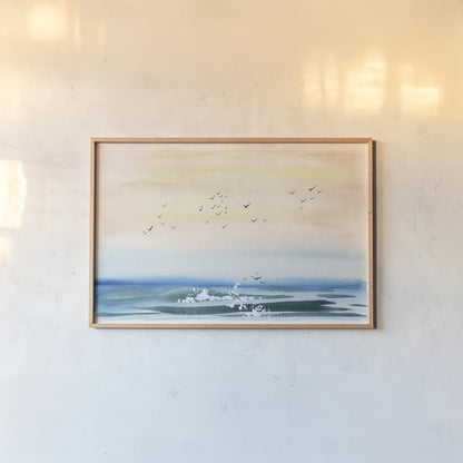 Sunset Shore by Kristy Rice. shown as a paper print in a natural frame. Available as a archival giclee rolled canvas, fine art paper, or poster print. SKU 88609i.