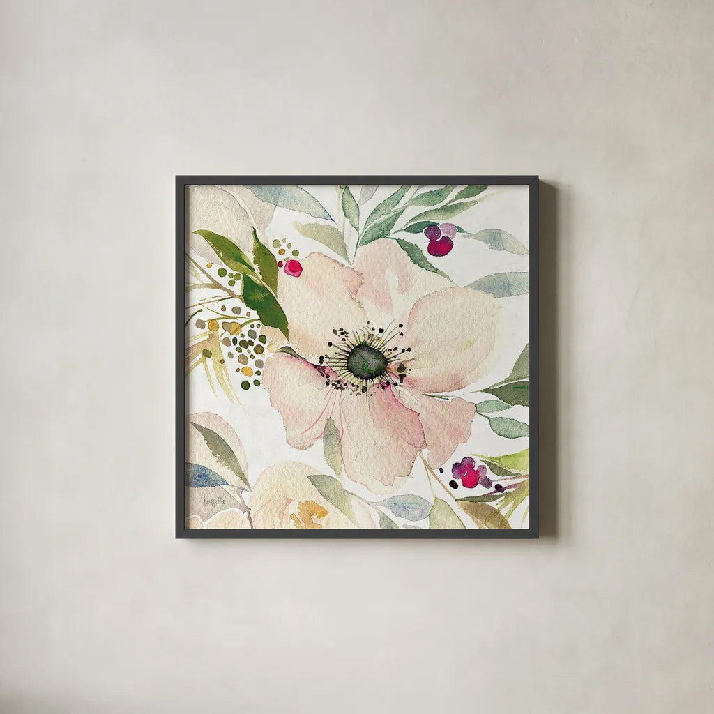 The Joy of White II by Kristy Rice. Shown in a sleek black glass frame for a contemporary gallery look. Available as an archival giclee rolled canvas, fine art paper, or poster print. SKU 35447a.