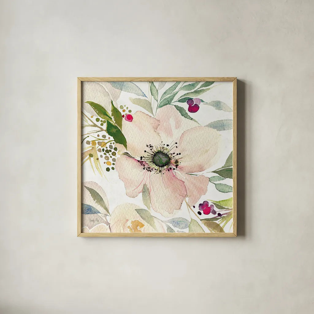 The Joy of White II by Kristy Rice. Shown in a natural wood glass frame for a timeless modern aesthetic. Available as an archival giclee rolled canvas, fine art paper, or poster print. SKU 35447a.
