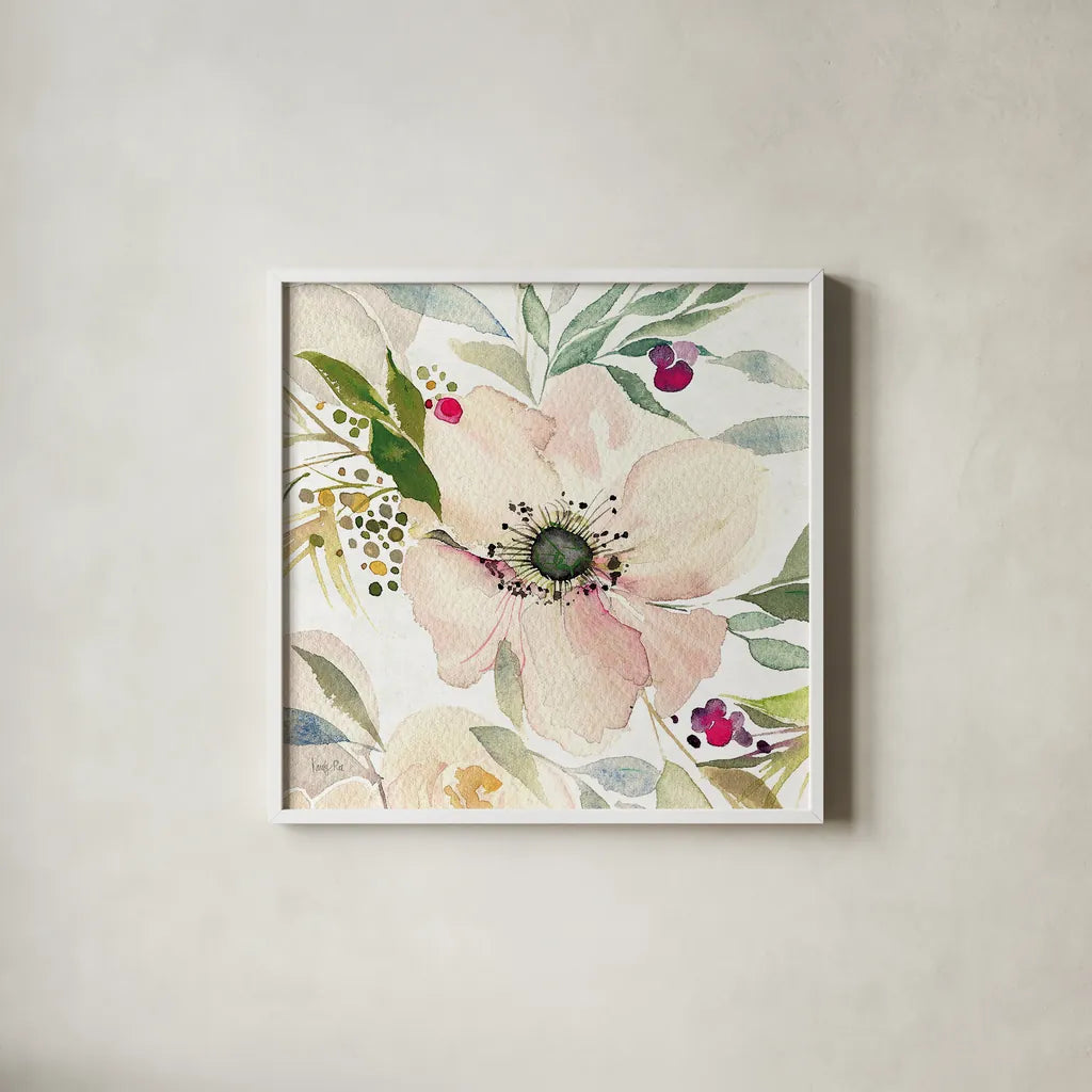 The Joy of White II by Kristy Rice. Shown in a crisp white glass frame for a clean and minimalist style. Available as an archival giclee rolled canvas, fine art paper, or poster print. SKU 35447a.