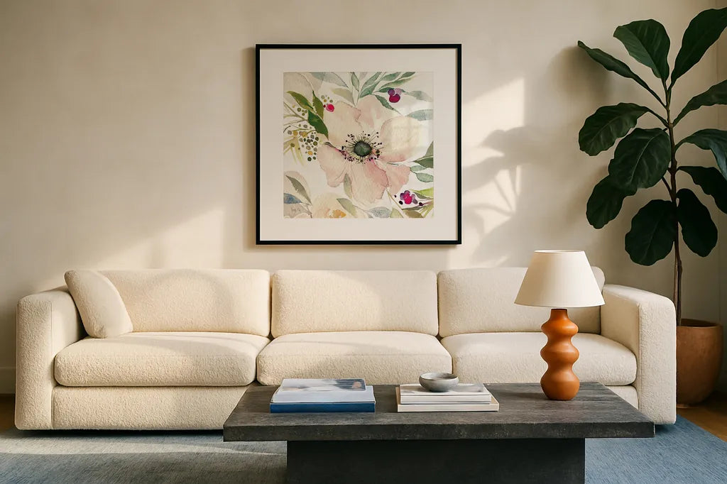 The Joy of White II by Kristy Rice. Displayed in a glass frame with matte in a clean modern living room. Available as an archival giclee rolled canvas, fine art paper, or poster print. SKU 35447a.