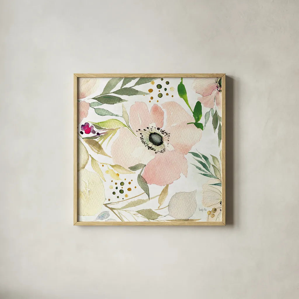 The Joy of White III by Kristy Rice. Shown in a natural wood glass frame for a timeless modern aesthetic. Available as an archival giclee rolled canvas, fine art paper, or poster print. SKU 35448a.