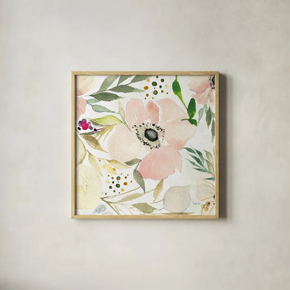 The Joy of White III by Kristy Rice. Shown in a natural wood glass frame for a timeless modern aesthetic. Available as an archival giclee rolled canvas, fine art paper, or poster print. SKU 35448a.