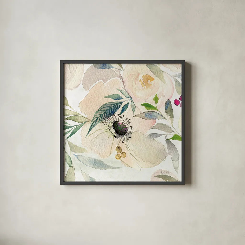 The Joy of White IV by Kristy Rice. Shown in a sleek black glass frame for a contemporary gallery look. Available as an archival giclee rolled canvas, fine art paper, or poster print. SKU 42920a.