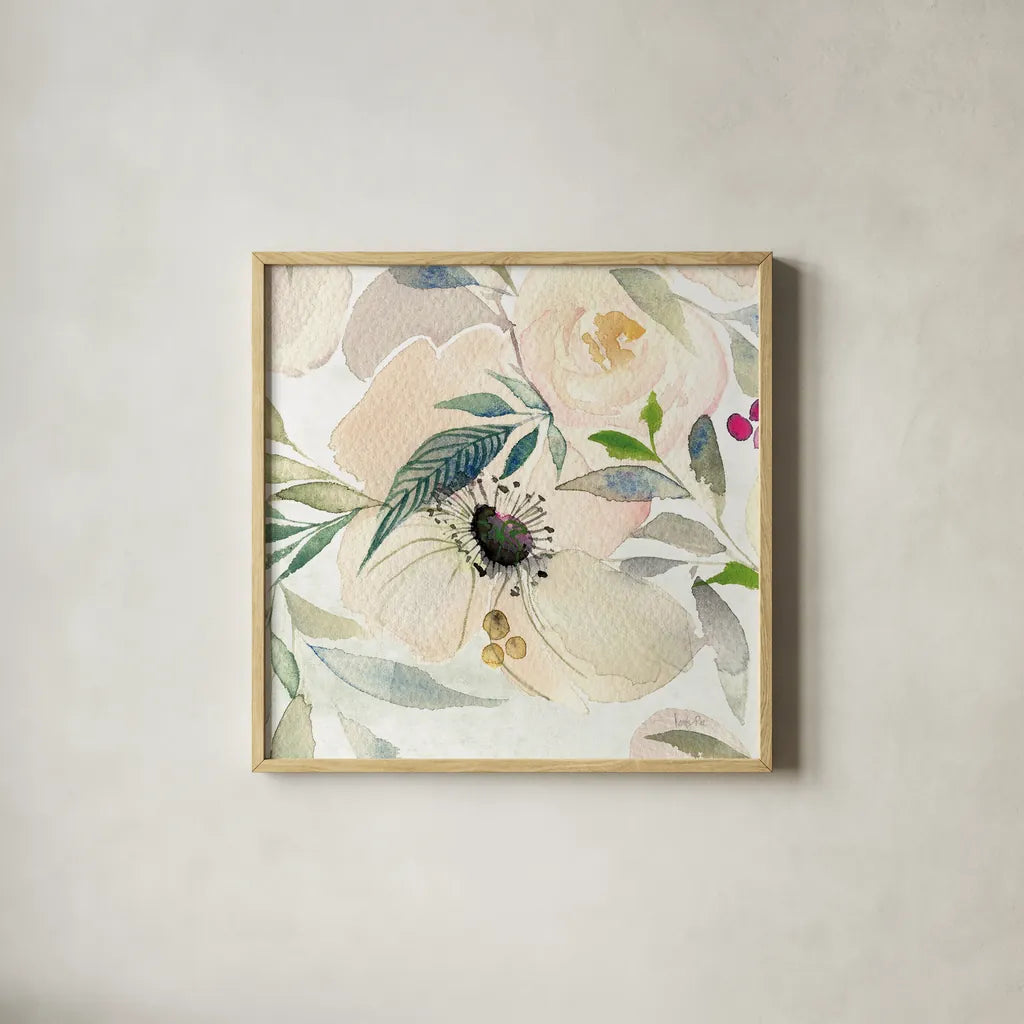 The Joy of White IV by Kristy Rice. Shown in a natural wood glass frame for a timeless modern aesthetic. Available as an archival giclee rolled canvas, fine art paper, or poster print. SKU 42920a.