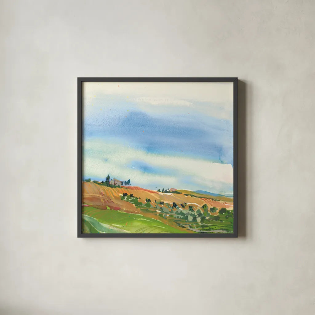 Tuscan Fields by Kristy Rice. Shown in a sleek black glass frame for a contemporary gallery look. Available as an archival giclee rolled canvas, fine art paper, or poster print. SKU 59818a.
